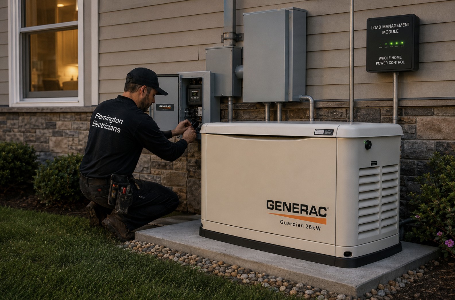 Generac Guardian 26kW whole home generator with load management installed at a Clinton Township NJ property near Spruce Run Reservoir