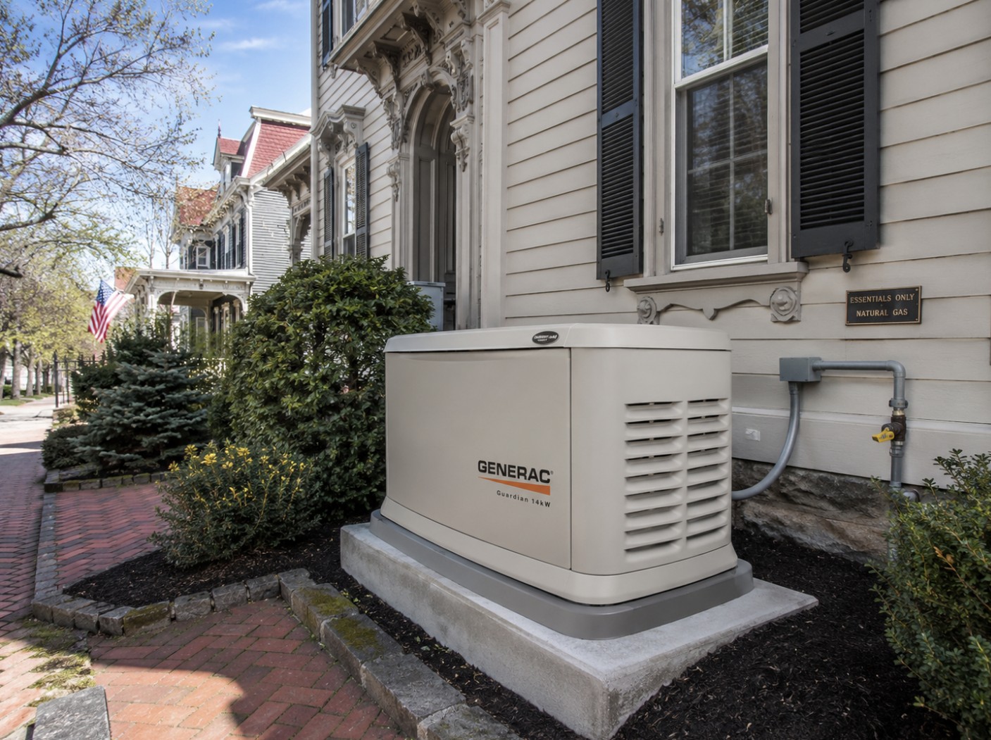Generac Guardian 14kW essentials-only install on natural gas at a downtown Flemington NJ historic Victorian