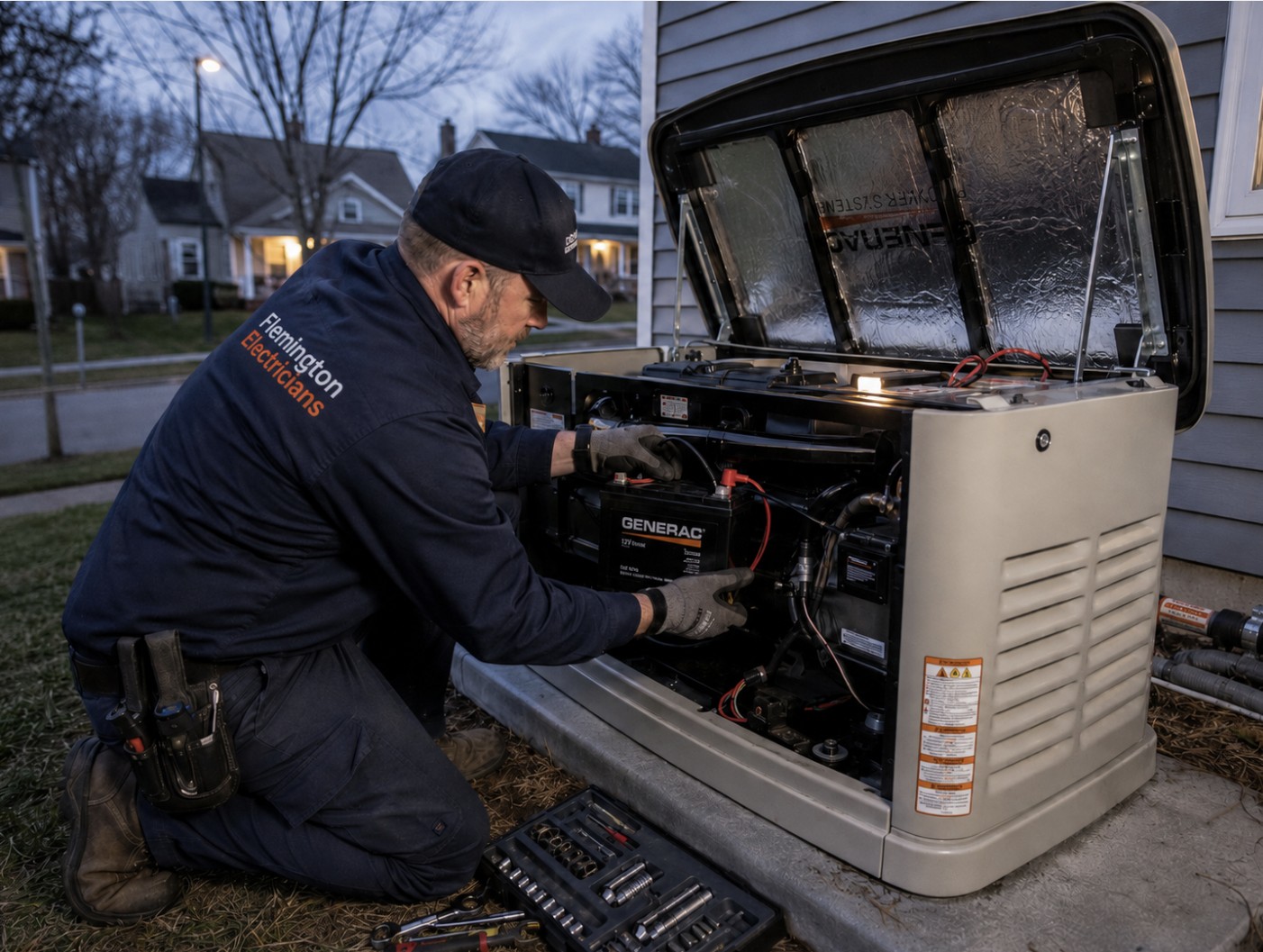 Generac Guardian generator mid-outage battery replacement on a rural Readington NJ property