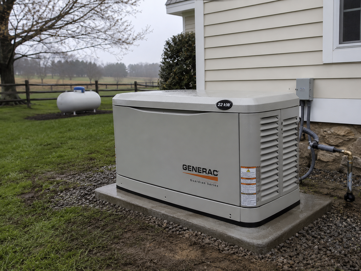 Generac Guardian 22kW standby generator installed on propane on a rural Flemington NJ property
